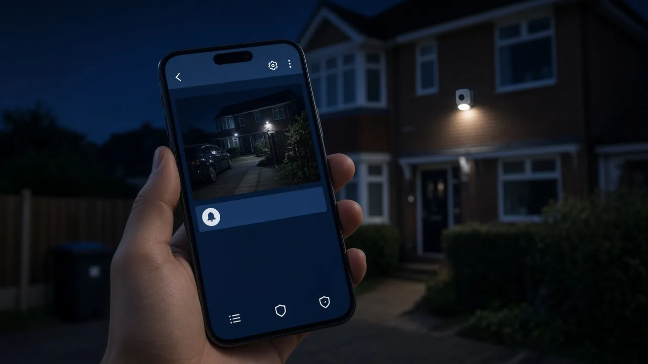 Smartphone displaying a home security camera alert at night.